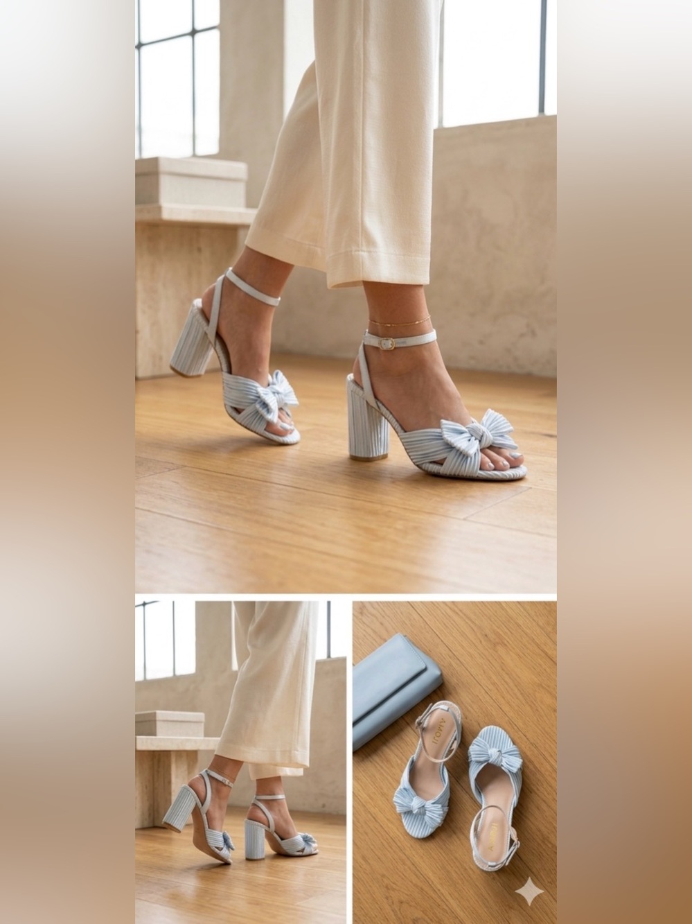 NIB - Amoji Powder Blue Pleated Bow Block Heels - Size 37.5 Euro